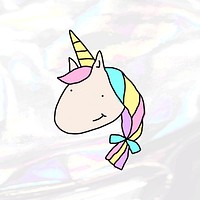 Hand drawn cute unicorn doodle style on holographic background vector