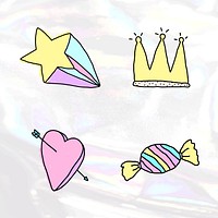 Cute pastel doodle style design element set on a holographic background vector 