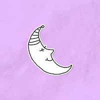 Doodle sleeping crescent moon journal sticker with a white border on a purple background vector