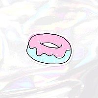 Doodle glazed donut journal sticker with a white border on a holographic background vector