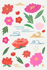 Oriental pink and red flower vector botanical illustration