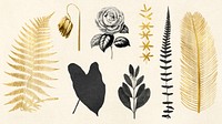 Vintage psd leaf flower botanical gold black sticker set