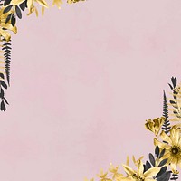 Flowers gold vector border frame on pink textured background