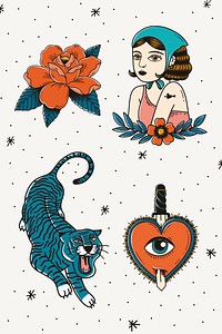 Retro creative tattoo element psd set