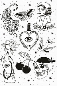 Black & white creative tattoo element psd set with pattern background