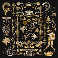 Gold antique Victorian decorative vector ornament set, remix from The Model Book of Calligraphy Joris Hoefnagel and Georg Bocskay