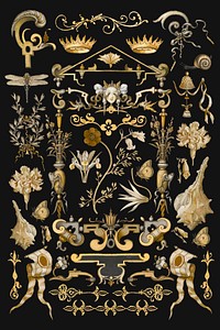 Gold antique Victorian vector decorative ornament set, remix from The Model Book of Calligraphy Joris Hoefnagel and Georg Bocskay