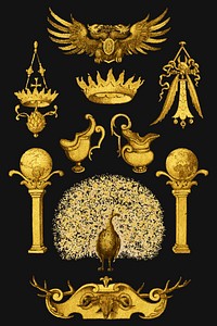 Antique vector gold ornamental medieval style, remix from The Model Book of Calligraphy Joris Hoefnagel and Georg Bocskay