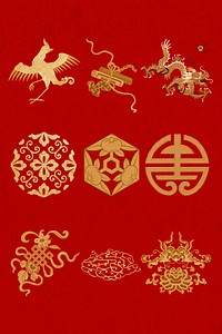 Oriental Chinese art psd symbols gold decorative ornament collection