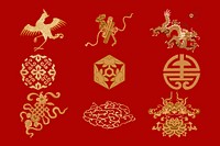 Animals vector gold traditional Chinese art illustration set