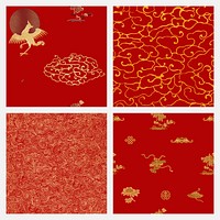 Gold red Chinese art vector decorative ornament clipart seamless set