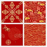Gold red Chinese art vector decorative ornament clipart set