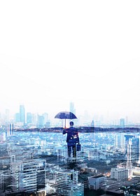 Businessman in suit holding umbrella on city background