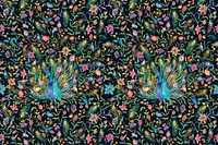 Pattern background with watercolor peacock and flower illustration