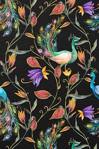 Pattern backgroundwith watercolor peacock and flower illustration