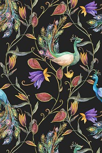 Pattern background vector with watercolor peacock and flower illustration
