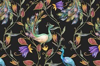 Pattern background vector with watercolor peacock and flower illustration