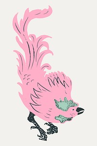 Vintage pink rooster linocut style