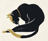 Vintage cat psd animal gold black linocut clipart