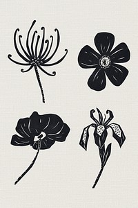 Black flowers psd linocut hand drawn botanical collection