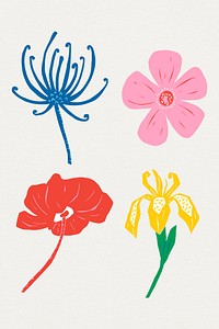 Colorful flowers psd vintage floral linocut set