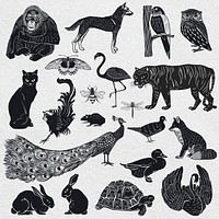 Animals black linocut stencil pattern drawing set