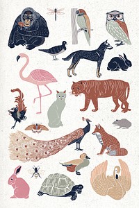 Vintage wild animals linocut style drawing set