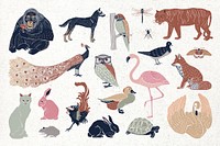 Vintage wild animals linocut style drawing collection