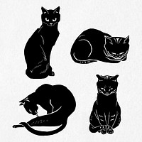 Vintage linocut black cats vector clipart set