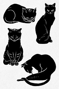 Vintage black cats linocut clipart set