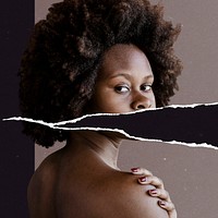 Artsy portrait closeup of African woman on ripped paper background