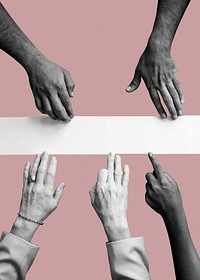 Grayscale diverse arms touching on white banner on pink background