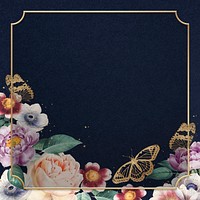 Floral colorful peony gold frame watercolor navy blue background