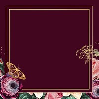 Luxury colorful flowers vector gold frame watercolor red background