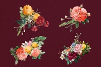 Vintage colorful flowers bouquet psd watercolor illustration set