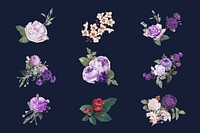 Botanical purple flowers vector watercolor hand drawn collection