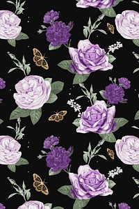 Purple cabbage roses vector and butterfly watercolor pattern