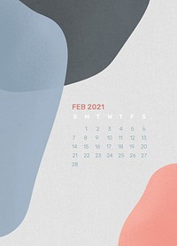 Calendar 2021 February printable template psd abstract background