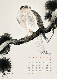 2021 calendar May printable template psd hawk on a pine branch remix from Ohara Koson