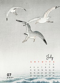 Calendar 2021 July printable template vector seagull birds remix from Ohara Koson