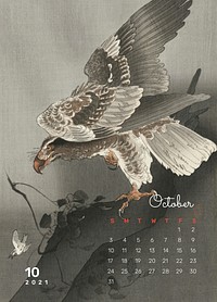Calendar 2021 October printable template vector eagle lurking at a preyd remix from Ohara Koson