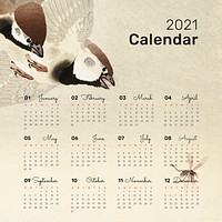 Calendar 2021 printable template vector set ring sparrows in snow remix from Ohara Koson