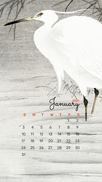 2021 Calendar January phone wallpaper vector egret bird remix from Ohara Koson