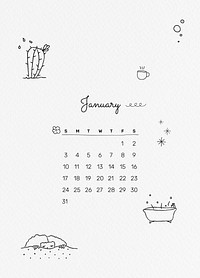 January 2021 printable template psd month cute doodle drawing