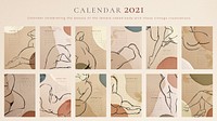 Calendar 2021 printable template vector set sketched nude lady background