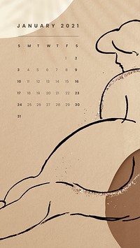 January 2021 printable month sketched nude lady background