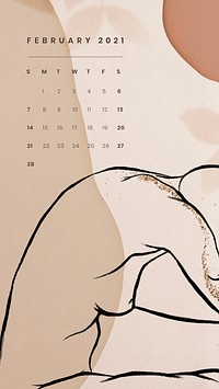 February 2021 printable month sketched nude lady background