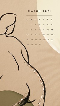 March 2021 printable month sketched nude lady background
