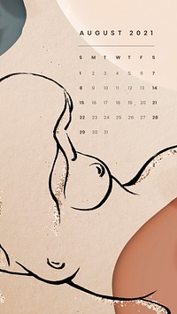 August 2021 printable month sketched nude lady background
