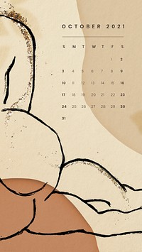 October 2021 printable month sketched nude lady background